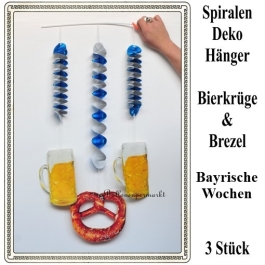 Bayrische Wochen Dekoration, 3 Dekohänger, Rotor-Spiralen, 2 x Bierkrug und 1 x Brezel