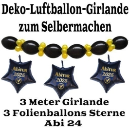 Ballongirlande "ABI 2025" zum Selbermachen - Kettenballons und Miniballons Schwarz-Gold, 3 Folienballons 3 Meter