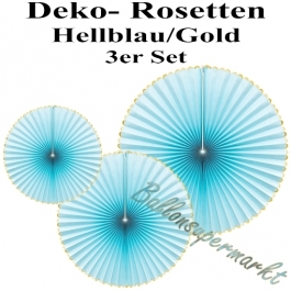 Glänzende Deko-Rosetten, Hellblau-Gold, 3 Stück-Set