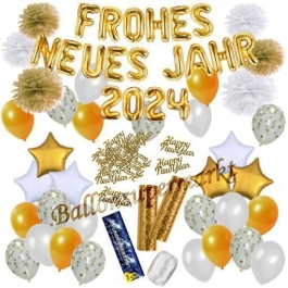 Silvester Dekorations-Set mit Ballons Frohes neues Jahr 2024 White & Gold, 49 Teile