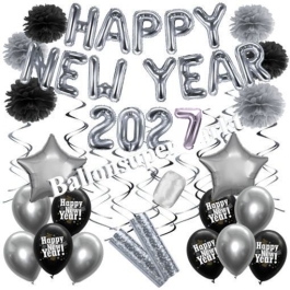 Silvester Dekorations-Set mit Ballons Happy New Year 2027 Black & Silver, 32 Teile
