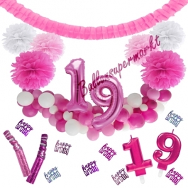 Do it Yourself Dekorations-Set mit Ballongirlande zum 19. Geburtstag, Happy Birthday Pink & White, 91 Teile