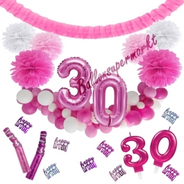 Do it Yourself Dekorations-Set mit Ballongirlande zum 30. Geburtstag, Happy Birthday Pink & White, 91 Teile