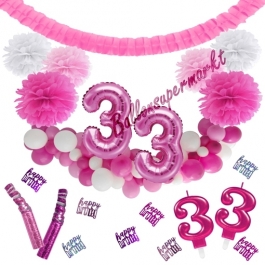 Do it Yourself Dekorations-Set mit Ballongirlande zum 33. Geburtstag, Happy Birthday Pink & White, 91 Teile