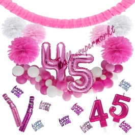 Do it Yourself Dekorations-Set mit Ballongirlande zum 45. Geburtstag, Happy Birthday Pink & White, 91 Teile