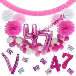 Do it Yourself Dekorations-Set mit Ballongirlande zum 47. Geburtstag, Happy Birthday Pink & White, 91 Teile