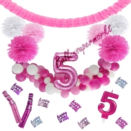 Do it Yourself Dekorations-Set mit Ballongirlande zum 5. Geburtstag, Happy Birthday Pink & White, 89 Teile