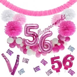 Do it Yourself Dekorations-Set mit Ballongirlande zum 56. Geburtstag, Happy Birthday Pink & White, 91 Teile