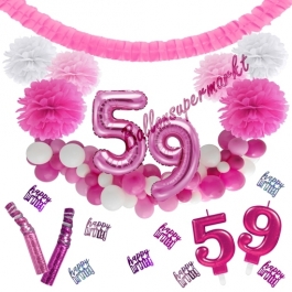 Do it Yourself Dekorations-Set mit Ballongirlande zum 59. Geburtstag, Happy Birthday Pink & White, 91 Teile