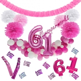 Do it Yourself Dekorations-Set mit Ballongirlande zum 61. Geburtstag, Happy Birthday Pink & White, 91 Teile