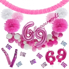 Do it Yourself Dekorations-Set mit Ballongirlande zum 69. Geburtstag, Happy Birthday Pink & White, 91 Teile