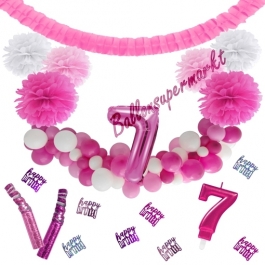 Do it Yourself Dekorations-Set mit Ballongirlande zum 7. Geburtstag, Happy Birthday Pink & White, 89 Teile