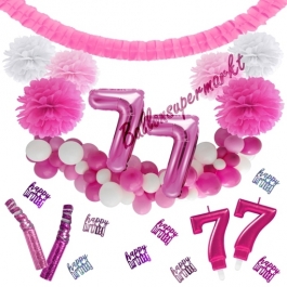 Do it Yourself Dekorations-Set mit Ballongirlande zum 77. Geburtstag, Happy Birthday Pink & White, 91 Teile