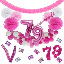 Do it Yourself Dekorations-Set mit Ballongirlande zum 79. Geburtstag, Happy Birthday Pink & White, 91 Teile