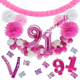 Do it Yourself Dekorations-Set mit Ballongirlande zum 91. Geburtstag, Happy Birthday Pink & White, 91 Teile