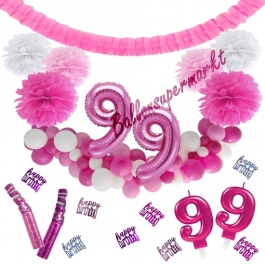 Do it Yourself Dekorations-Set mit Ballongirlande zum 99. Geburtstag, Happy Birthday Pink & White, 91 Teile