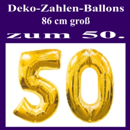 Deko-Zahlen Luftballons mit Ballongas-Helium, Zahl fünfzig in großen goldenen Zahlen, 86 cm große Folienballons