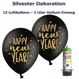 Dekoration Silbester: 12 Luftballons Happy New Year, schwarz-gold, mit 1 Liter Ballongas Einweg