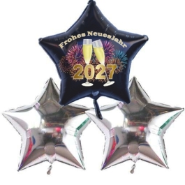 Silvester Bouquet bestehend aus 3 Sternballons in Silber und Schwarz ohne Helium, 2027 Feuerwerk