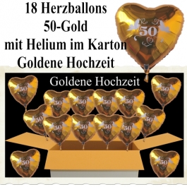 Dekoration und Gastgeschenke zur Goldenen Hochzeit, 18 goldene Herzballons 50 Gold, mit Ballongas-Helium zum Versand im Karton