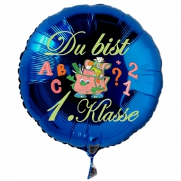 Du bist 1. Klasse. Blauer Luftballon mit Ballongas Helium gefüllt zur Einschulung, zum Schulanfang