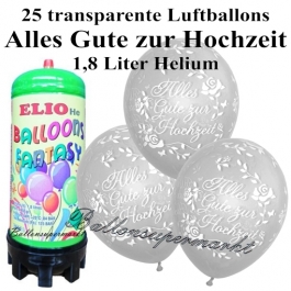 Ballons und Helium Mini Set, Alles Gute zur Hochzeit, transparent mit 1,8 Liter Einwegbehälter