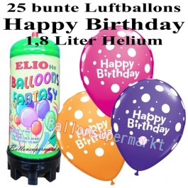 Ballons und Helium Mini Set zum Geburtstag, Happy Birthday bunt gemischt mit 1,8 Liter Einwegbehälter