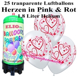 Ballons und Helium Mini Set zur Hochzeit, Heart Pattern transparent mit 1,8 liter Einwegbehälter