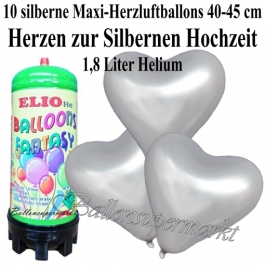 Ballons und Helium Mini Set zur Silbernen Hochzeit, goldene Maxi-Herzluftballons mit 1,8 Liter Einwegbehälter