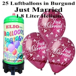 Ballons und Helium Mini Set, Just Married, burgund mit 1,8 Liter Einwegbehälter