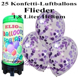 Ballons und Helium Mini Set, Konfettiballons, flieder mit 1,8 Liter Einwegbehälter