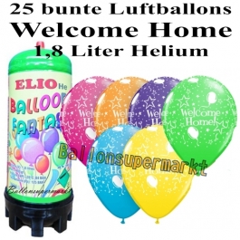 Ballons und Helium Mini Set Welcome Home, bunt mit 1,8 Liter Einwegbehälter