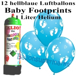 Ballons und Helium Mini Set zu Geburt, Babyparty, Taufe, Junge, Baby Footprints, hellblau mit Einwegbehälter