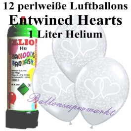 Ballons und Helium Mini Set zur Hochzeit, Entwined Hearts perlweiß mit Einwegbehälter