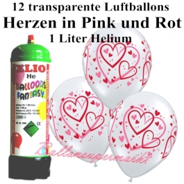 Ballons und Helium Mini Set zur Hochzeit, Heart Pattern transparent mit Einwegbehälter