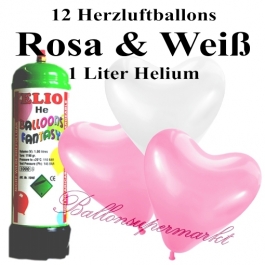 Ballons und Helium Mini Set, Herzluftballons, rosa und weiß mit Einwegbehälter