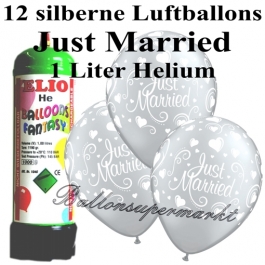 Ballons und Helium Mini Set, Just Married, silber mit Einwegbehälter