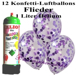 Ballons und Helium Mini Set, Konfettiballons, flieder mit Einwegbehälter