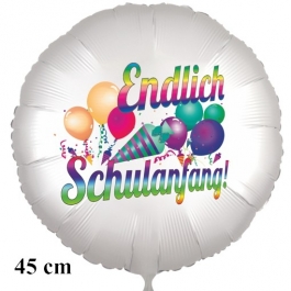 Endlich Schulanfang! Runder Luftballon, satinweiß, 45 cm