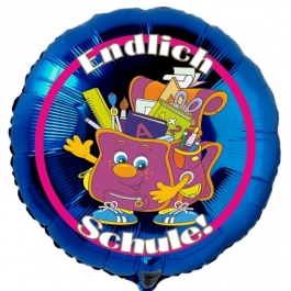 Endlich Schule! Blauer Luftballon mit Ballongas Helium gefüllt zur Einschulung, zum Schulanfang