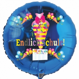 Endlich Schule! Blauer, runder Luftballon mit Helium zum Schulanfang. Geschenk zur Einschulung