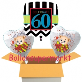 3 Luftballons aus Folie zum 60. Geburtstag, Celebrate 60 und Baerchen