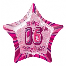Rosa Luftballon aus Folie zum 16. Geburtstag, Happy 18TH Birthday, Prismatik Sternballon 50 cm
