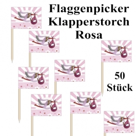 Flaggenpicker Klapperstorch, Rosa, Dekopicker, Partypicker zu Geburt und Taufe eines Mädchens