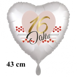 Herzluftballon zum 16. Geburtstag, 16 Jahre, 43 cm, satinweiß, ohne Helium-Ballongas