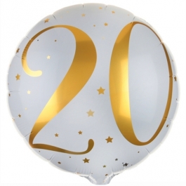 Luftballon aus Folie zum 20. Geburtstag, weisser Rundballon, Gold-Weiß, inklusive Ballongas