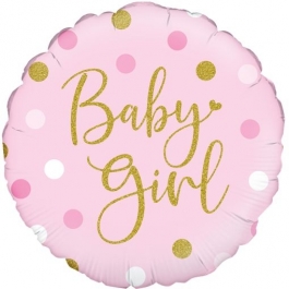 Sparkling Baby Girl, Dots holo, holografischer Luftballon aus Folie mit Helium