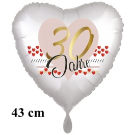 Herzluftballon zum 30. Geburtstag, 30 Jahre, 43 cm, satinweiß, ohne Helium-Ballongas