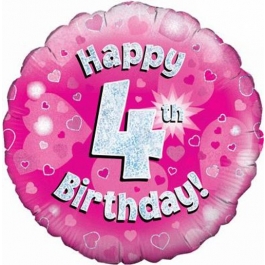 Luftballon aus Folie zum 4. Geburtstag, Happy 4th Birthday Pink