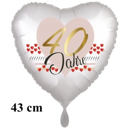 40 Jahre Herzluftballon aus Folie zum 40. Geburtstag, 43 cm, satinweiß, mit Ballongas-Helium